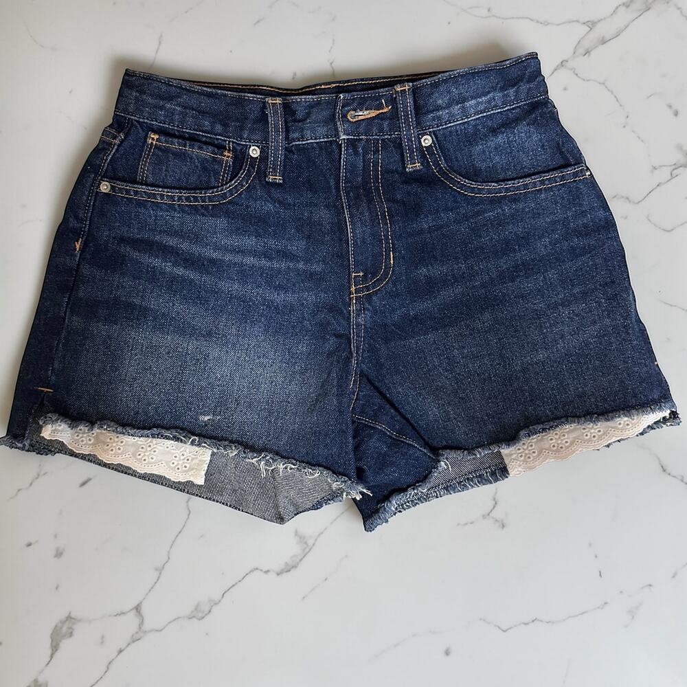 Old Navy Girls 14 High Rise Built-In Tough Denim Shorts Frayed Hem Lace Pocket‎